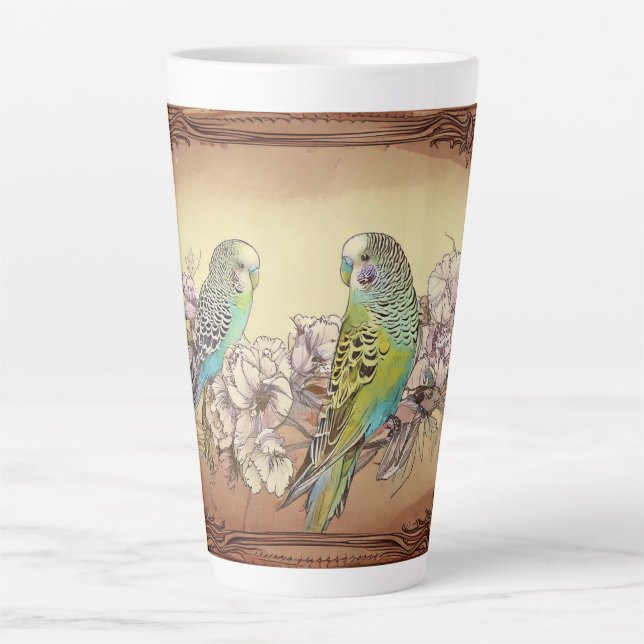 Caneca De Café Latte Dois periquitos e flores (Frente)