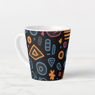 Caneca De Café Latte Doodle Tribal Abstrato Neon Geométrico Preto