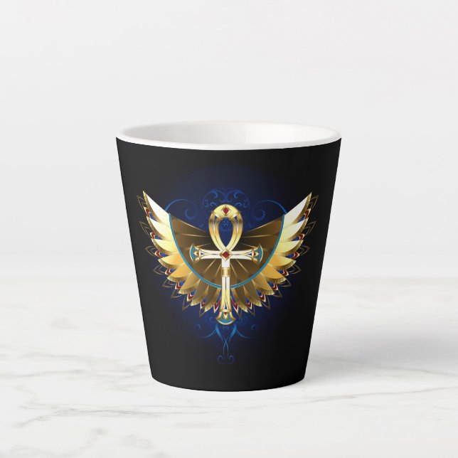 Caneca De Café Latte Dourada Ankh com Asas (Frente)