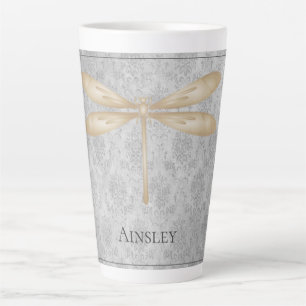 Caneca De Café Latte Dourada Dragonfly Damask