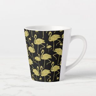 Caneca De Café Latte Dourado Flamingo Bird Glitter no Design preto