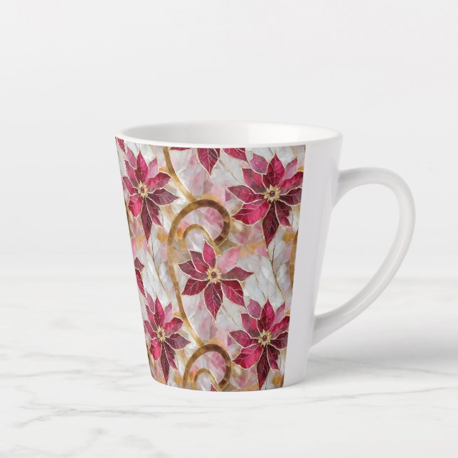 Caneca De Café Latte Dourados Swirls Borgonha Rosa Poinsettias de Natal (Direita)