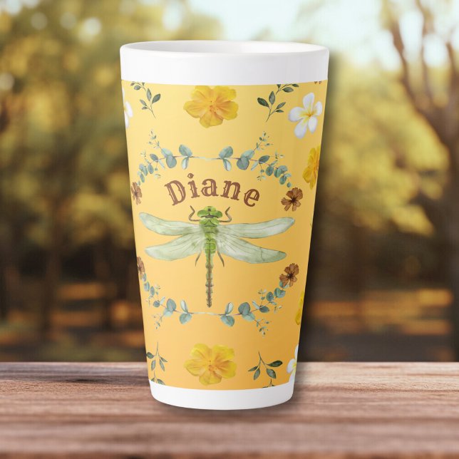 Caneca De Café Latte Dragonfly em Flores Douradas, Verdes, Amarelas (Criador carregado)