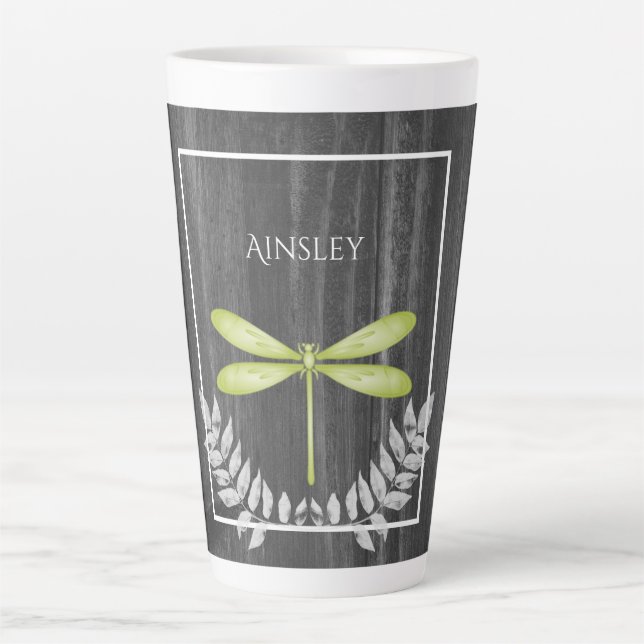 Caneca De Café Latte Dragonfly Rustic Personalizada Latte Mug Verde (Frente)