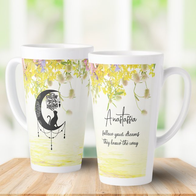 Caneca De Café Latte Dreamcatcher com gato | Siga os seus sonhos (Criador carregado)