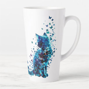 Caneca De Café Latte Dreamy Blue Cat - Borboleta e Arte Floral