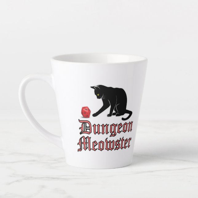 Caneca De Café Latte Dungeon Meowster Engraçado Gato RPG com Dice (Esquerda)