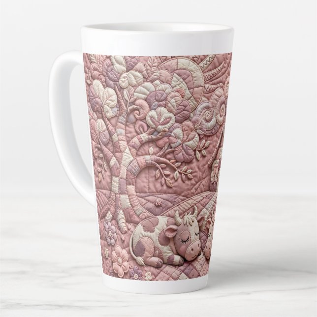 Caneca De Café Latte Dusty Rose Rústico Acolchoado Vacas Patchwork Past (Ângulo esquerdo)