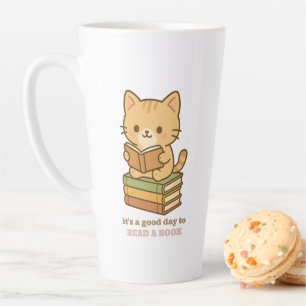 Caneca De Café Latte É um bom dia para ler um livro gato fofo professor