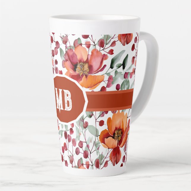 Caneca De Café Latte Earthy Colors, Fall Flowers Monogrammed (Ângulo direito)
