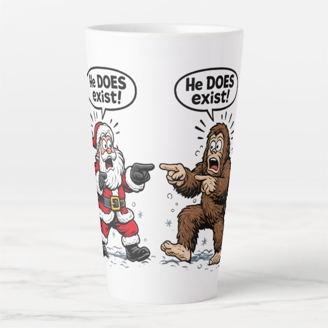 Caneca De Café Latte Ele existe! Papai Noel & Pé Grande (Frente)