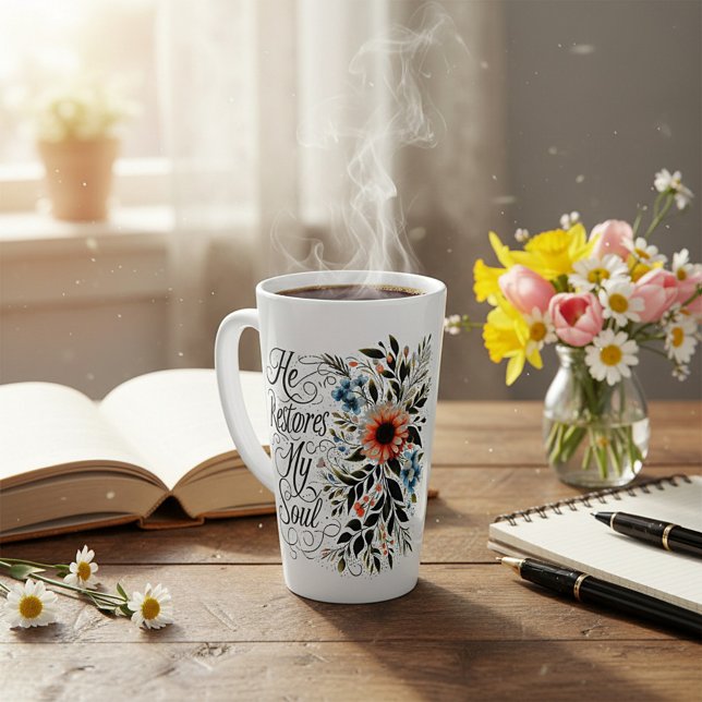 Caneca De Café Latte Ele restaura minha alma floral (Criador carregado)