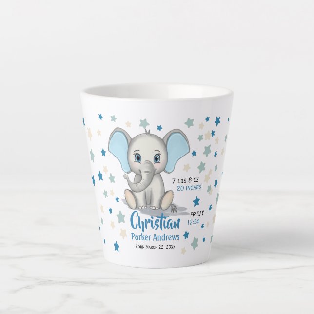 Caneca De Café Latte Elefante-Bebê-Bonito com Nascentes-Garotos Azuis (Frente)