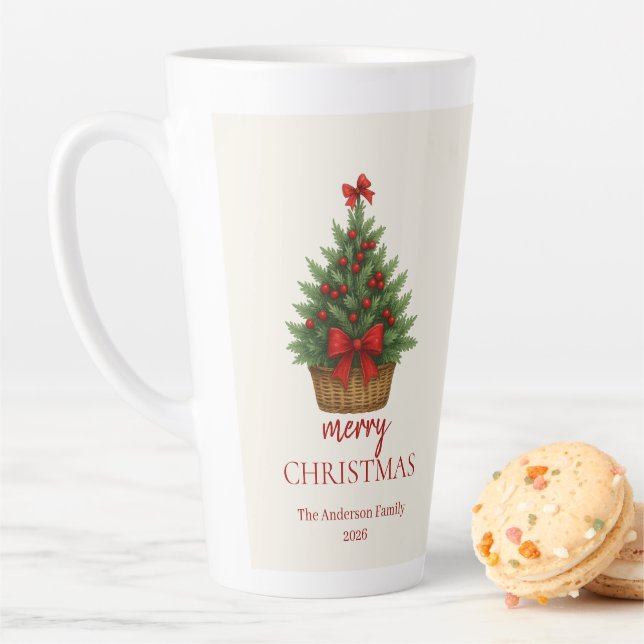Caneca De Café Latte Elegant Christmas Tree – Red Ribbon  (In Situ)