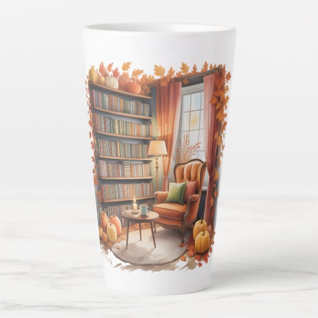 Caneca De Café Latte Elegant Fall Bookshelf Tasses — Cozy Curtain (Frente)
