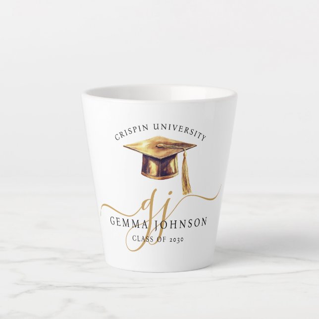 Caneca De Café Latte Elegant Gold Script Monogram Graduation (Frente)