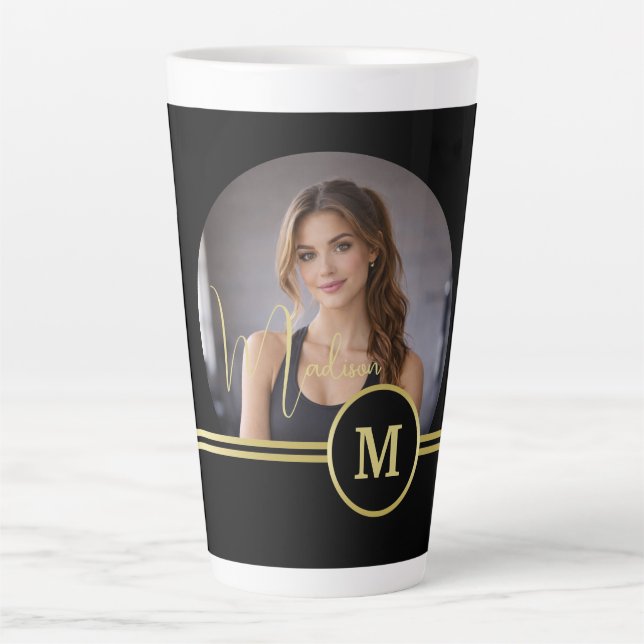 Caneca De Café Latte Elegant Gold Signature Monogram with Photo (Frente)