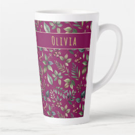 Caneca De Café Latte Elegant Winter Leaves & Berries Burgundy Custom