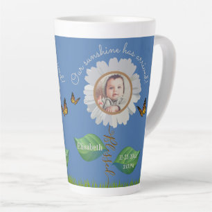 Caneca De Café Latte Elegante Daisy Blue Floral Cute Baby Photo e Name