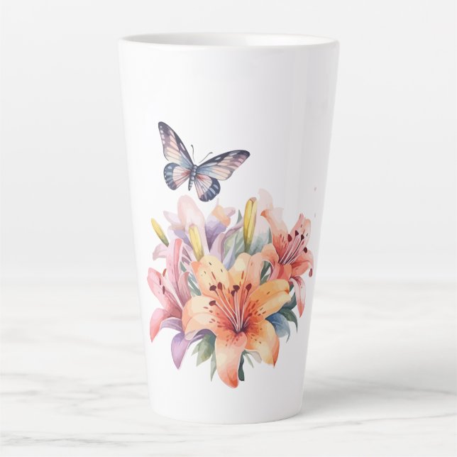 Caneca De Café Latte Elegante Design Floral e de Borboleta Fofo (Frente)