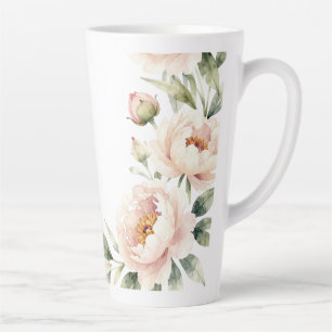 Caneca De Café Latte Elegante fundo floral de peônia em aquarela rosa