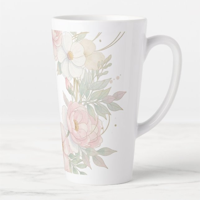 Caneca De Café Latte Elegante Grinalda Floral Rosa Pastel Design Botâni (Direita)