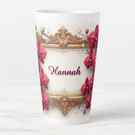 Caneca De Café Latte Elegante Moldura Floral de Orquídea Vermelha com D