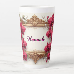 Caneca De Café Latte Elegante Moldura Floral de Orquídea Vermelha com D