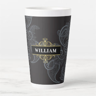 Caneca De Café Latte Elegante Monograma Paisley Preto Dourado