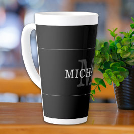 Caneca De Café Latte Elegante Monograma Preto Prata Nome Personalizado