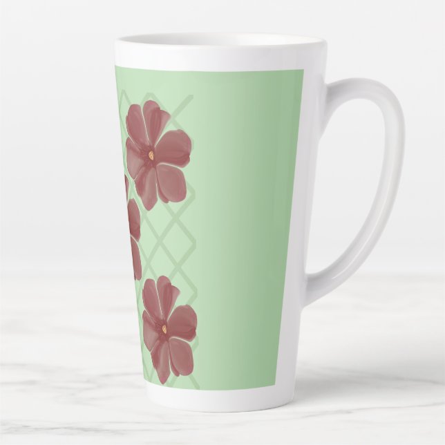 Caneca De Café Latte Elegante Padrão de Treliça Floral Borgonha e Verde (Direita)