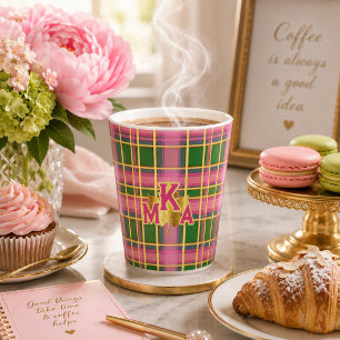 Caneca De Café Latte Elegante Rosa e Xadrez Verde Monogramado