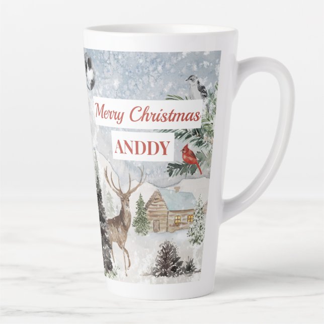 Caneca De Café Latte Elegante Snowy Wintery Feliz Christma Red Cardinal (Direita)