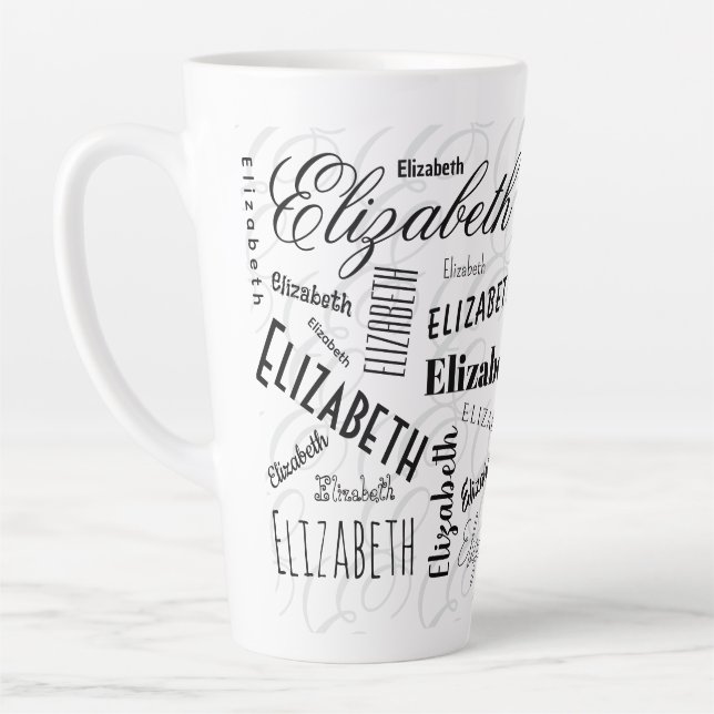 Caneca De Café Latte Elizabeth Typografia Name Black White (Esquerda)