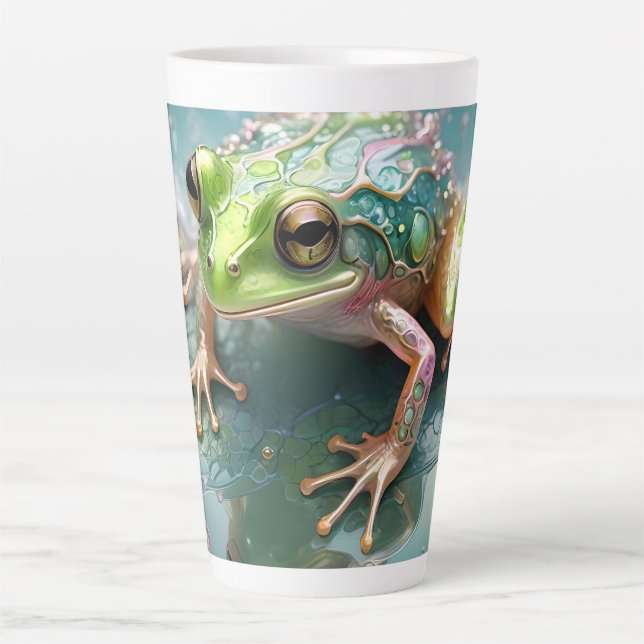 Caneca De Café Latte "Emerald Essence: Sapo Verde na Arte Fractal" (Frente)