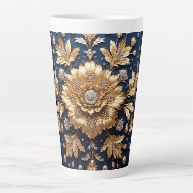 Caneca De Café Latte Enfeite Floral Dourado (Frente)