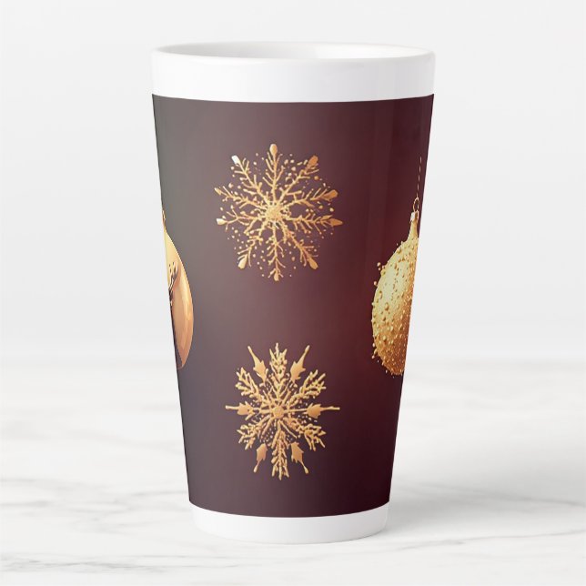 Caneca De Café Latte Enfeites de Natal Dourados com Flocos de Neve (Frente)