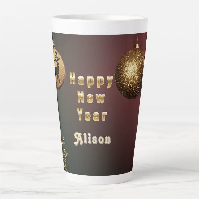 Caneca De Café Latte Enfeites de Natal Dourados com Flocos de Neve (Frente)