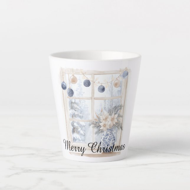 Caneca De Café Latte Enfeites de Natal Flores Árvore Janela Azul Creme (Frente)