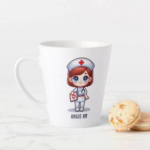 Caneca De Café Latte Enfermeira de manga bonita com olhos castanhos de