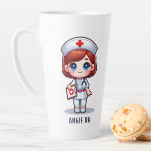 Caneca De Café Latte Enfermeira de manga branca, olhos azuis vermelhos