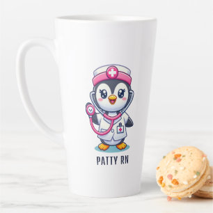 Caneca De Café Latte Enfermeira Pinguim-Rosa-Rosa-Estioscópio Personali