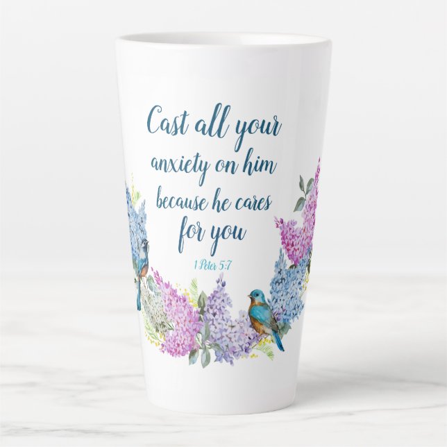 Caneca De Café Latte Escritura Floral Moderna 1 Peter 5:7 Coffee Mug (Frente)