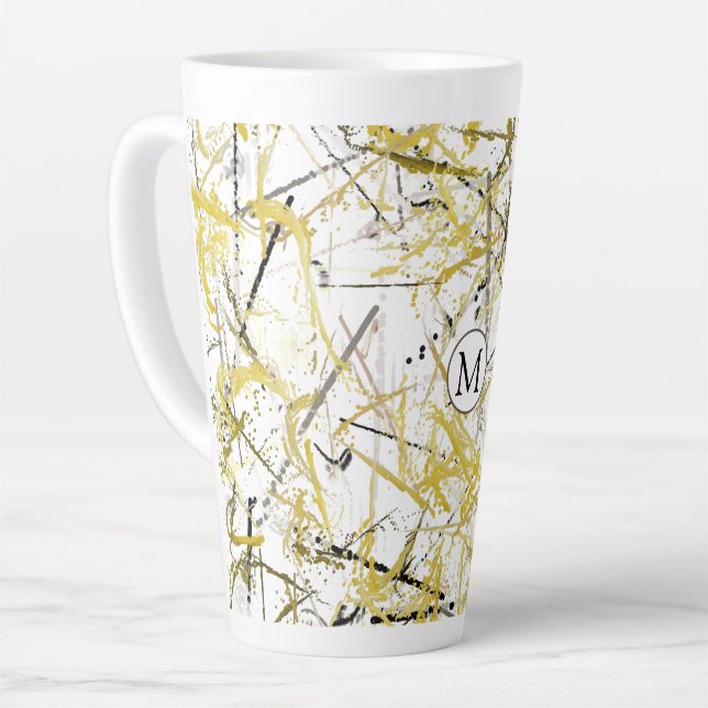 Caneca De Café Latte Escrivores de abstrato - Mostarda e Castanha (Ângulo esquerdo)