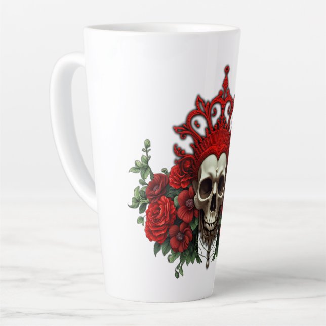 Caneca De Café Latte Escuridão real, coração gótico e crânio. (Ângulo esquerdo)