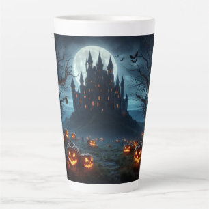 Caneca De Café Latte Escuro, castelo medieval, morcegos e abóboras