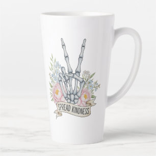 Caneca De Café Latte "Espalhe Bondade" Sinal de Paz Esqueleto – Aquarel