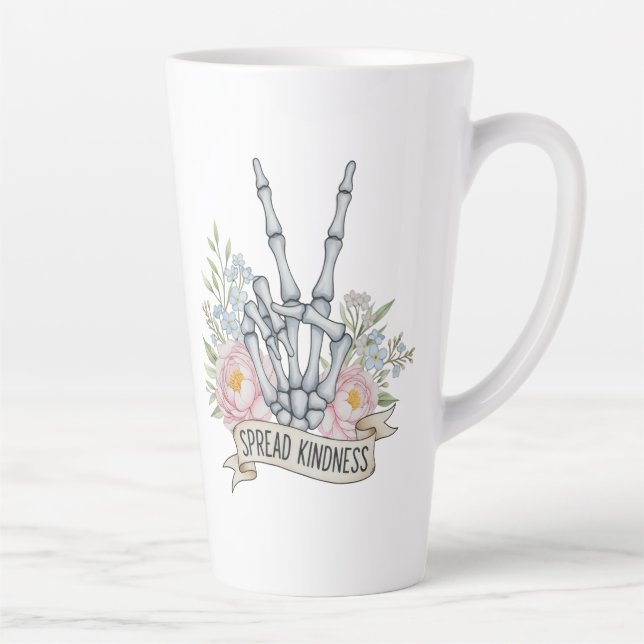 Caneca De Café Latte "Espalhe Bondade" Sinal de Paz Esqueleto – Aquarel (Direita)