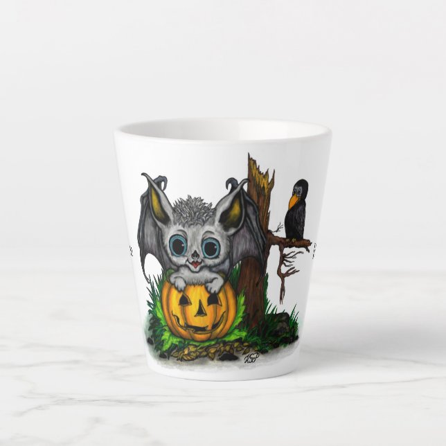 Caneca De Café Latte Esperando o Halloween, Cute Bat e Raven (Frente)