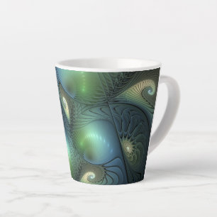 Caneca De Café Latte Espirais Teal Beige Verde Abstrato Fractal
